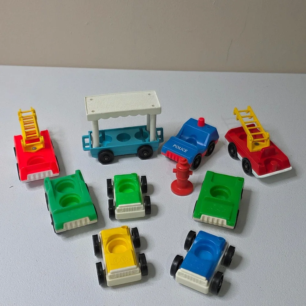 Vintage Fisher Price Little People Toy Vehicles Cars Zoo Tram Lot 9 pcs